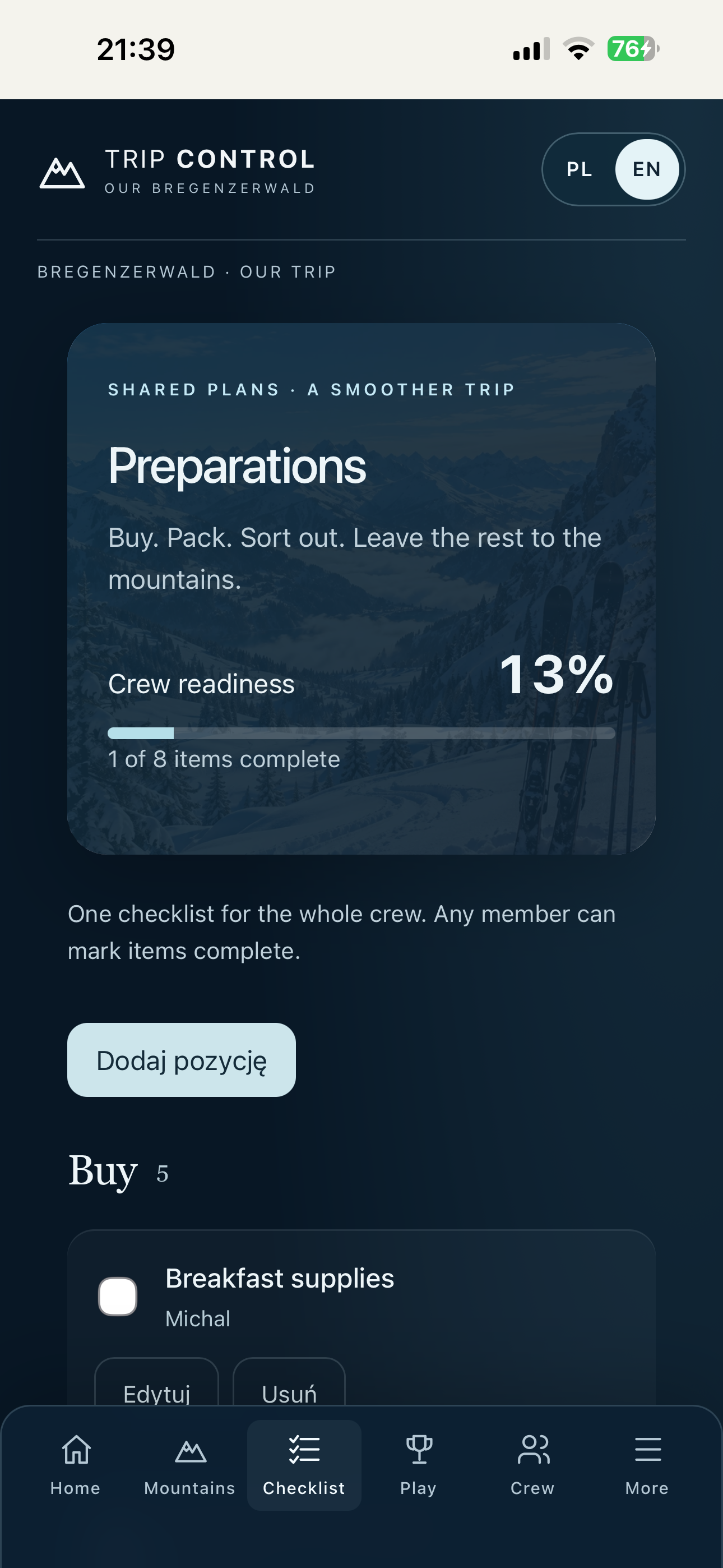 Trip Control Lista screen showing a shared preparation checklist, assignments and readiness progress.