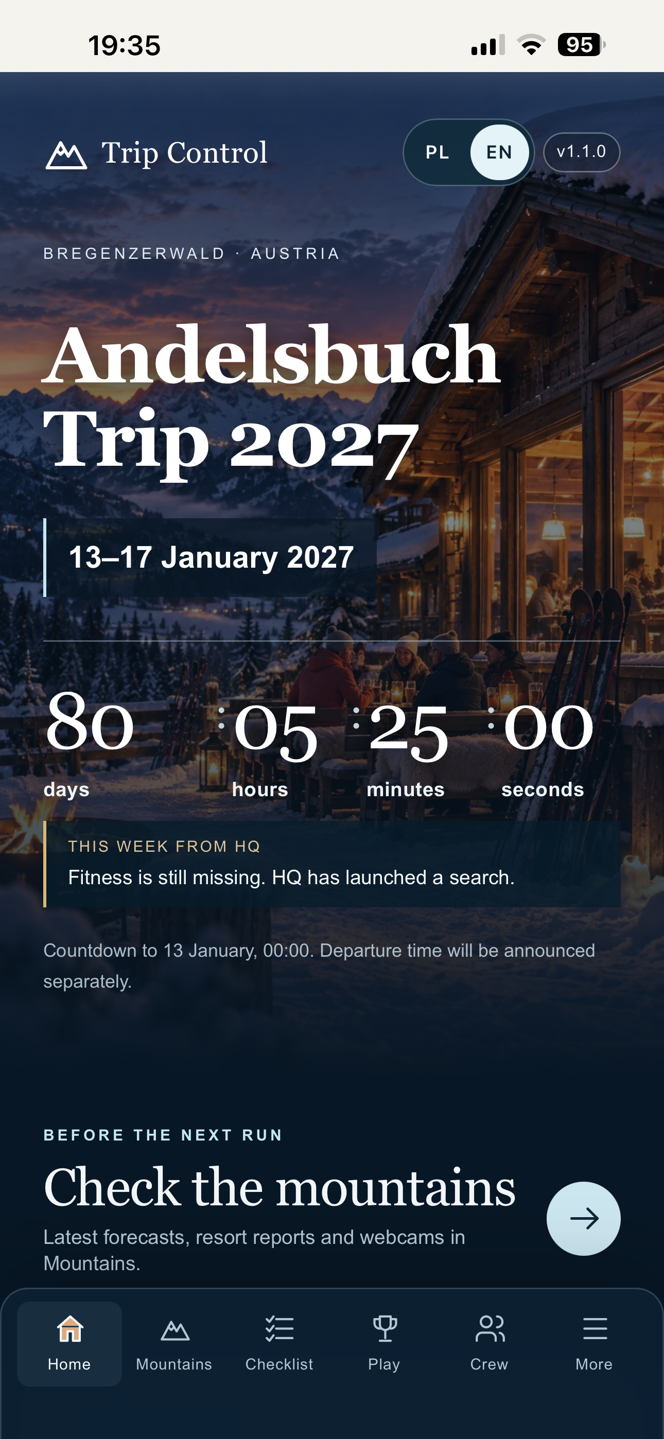 Trip Control private ski-trip app Home screen with Alpine visuals and practical trip information; personal details hidden.